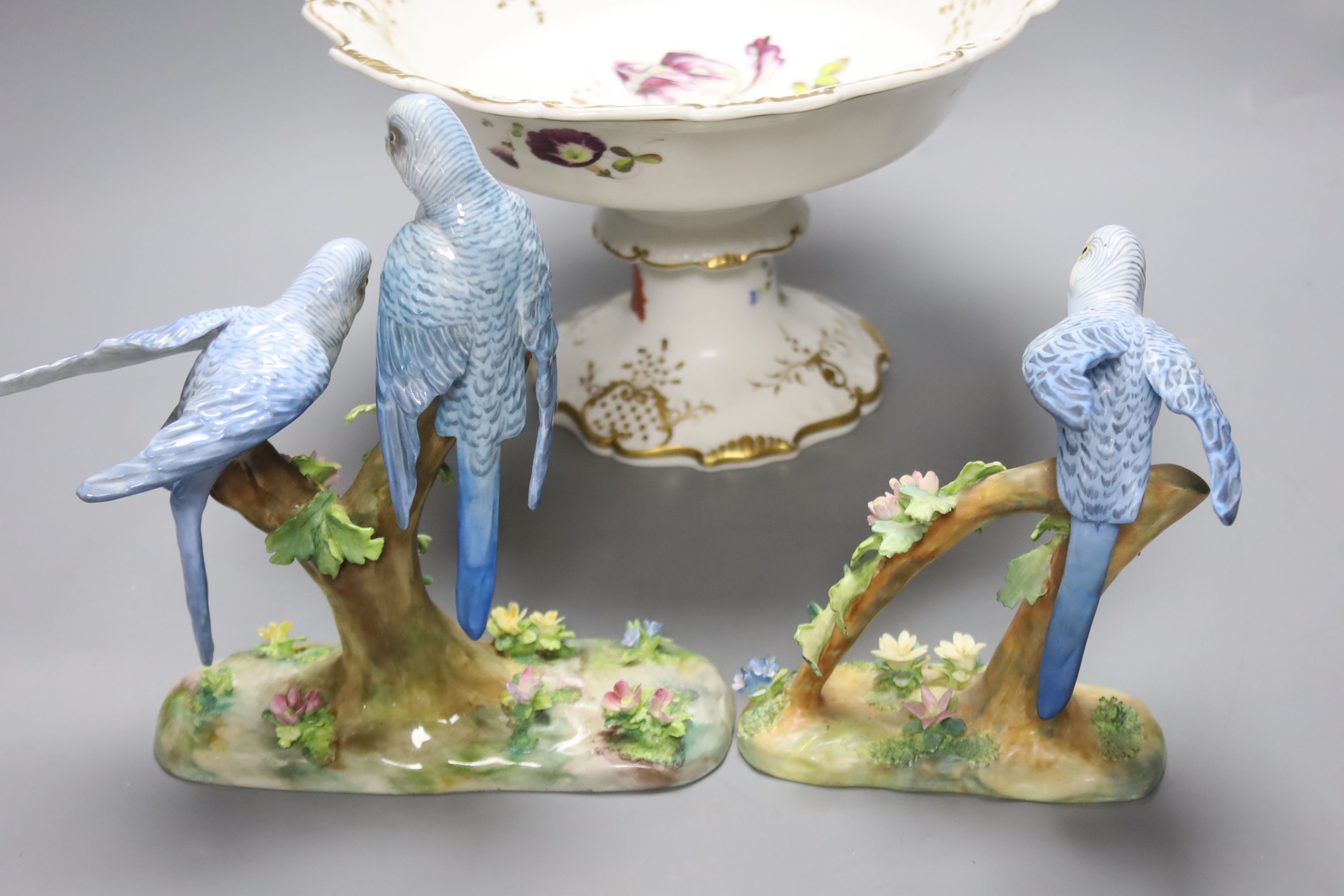 Two Crown Staffordshire budgerigar groups by J.T. Jones, and a Victorian pedestal bowl, diameter 28cm